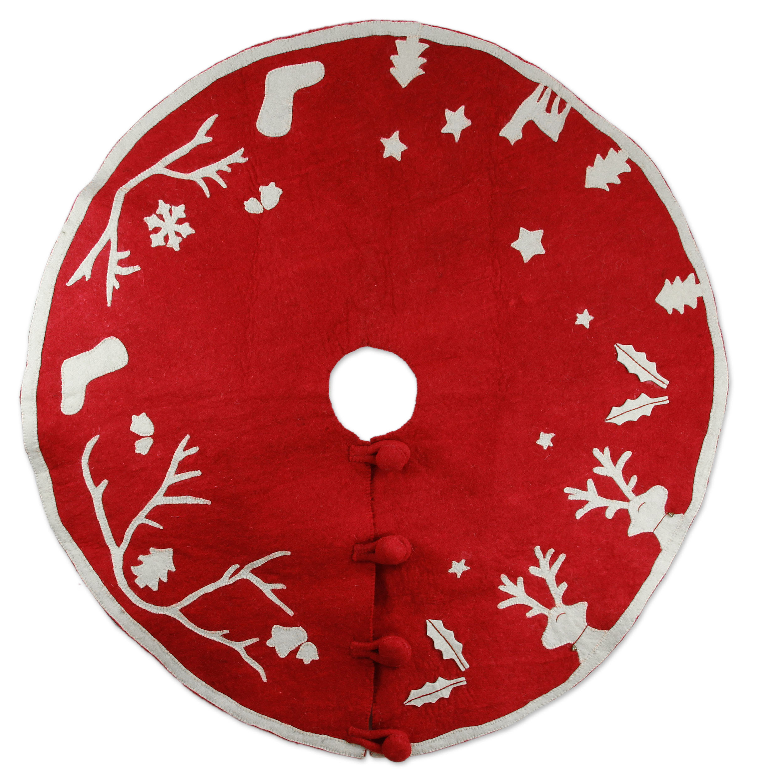 Holiday Spirit in Red and White Wool Felt Christmas Tree Skirt