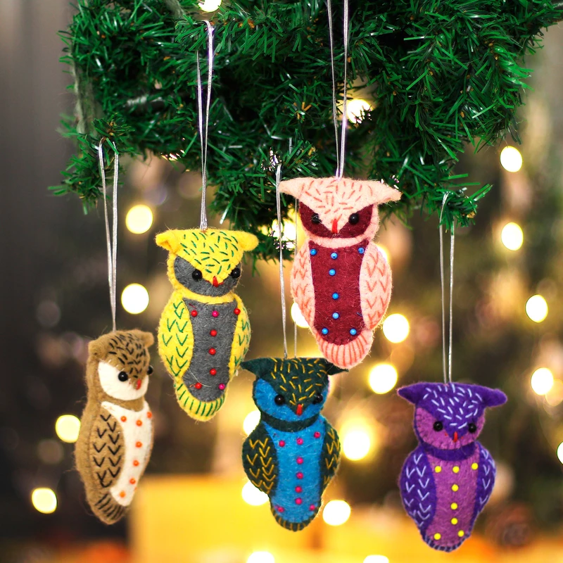 Christmas Dancing Owls Set of 5 Handmade Owl-Themed Embroidered Wool Felt handcrafted product