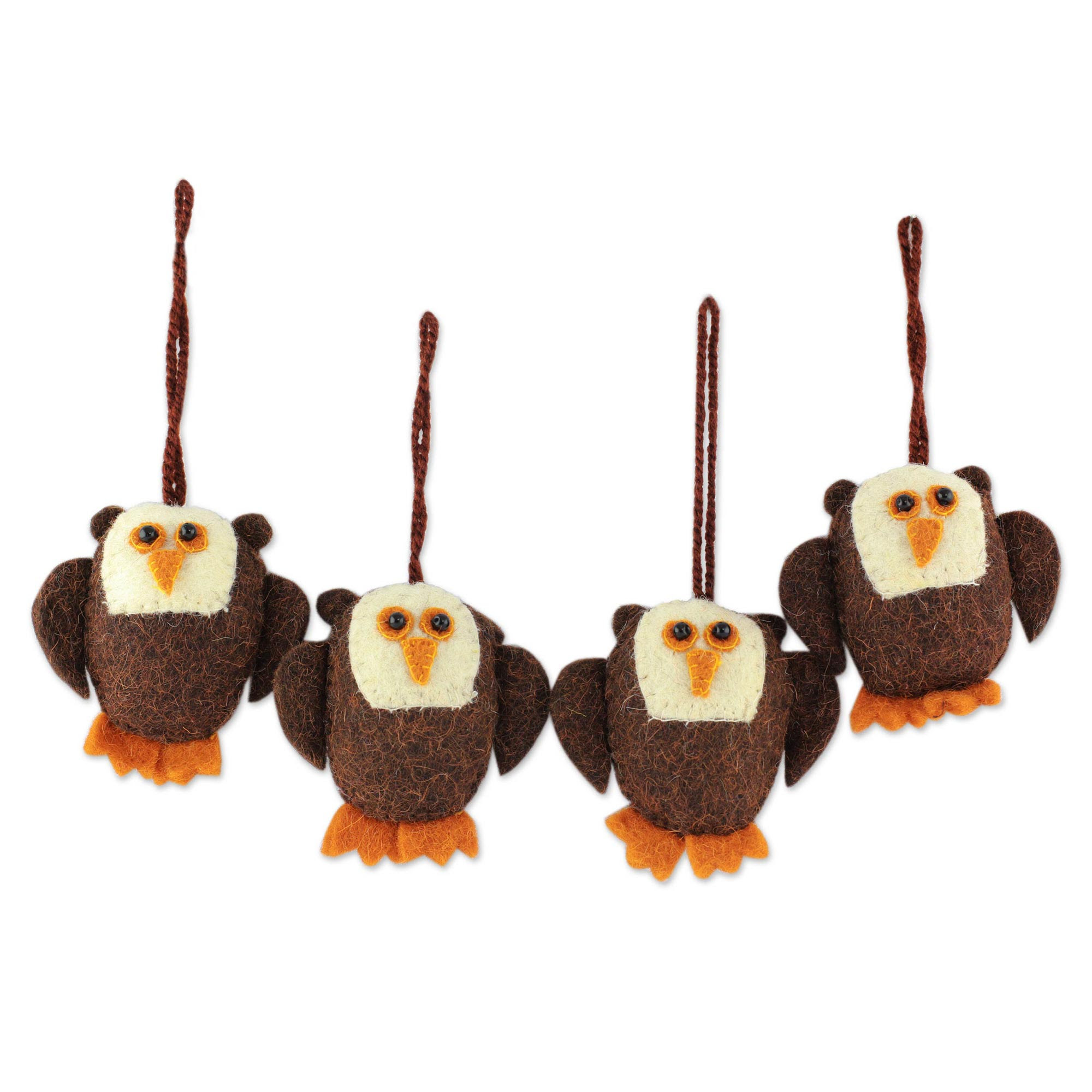 Handorigins Handmade Set of 4 Wool Ornaments, 'Solemn Brown Owls' (India) - Brown BY Rajesh Ghloth handcrafted product