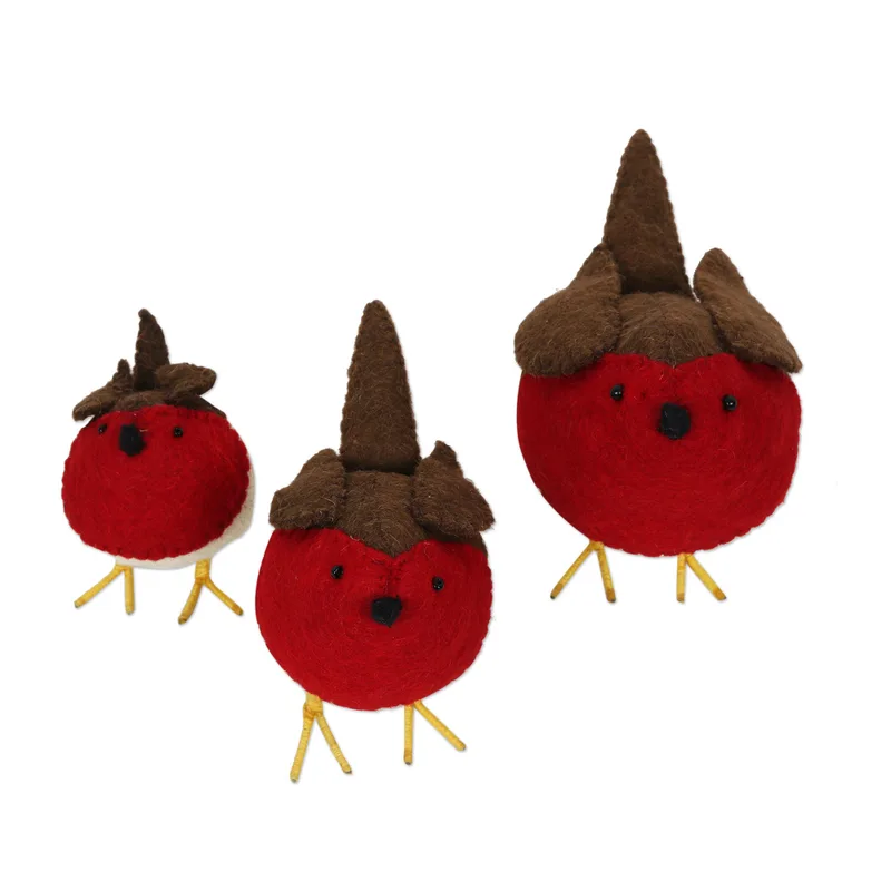 Brown Round Robins Set of 3 Wool Felt Robins with Glass Bead Eyes By Rajesh Gehlot technical drawing