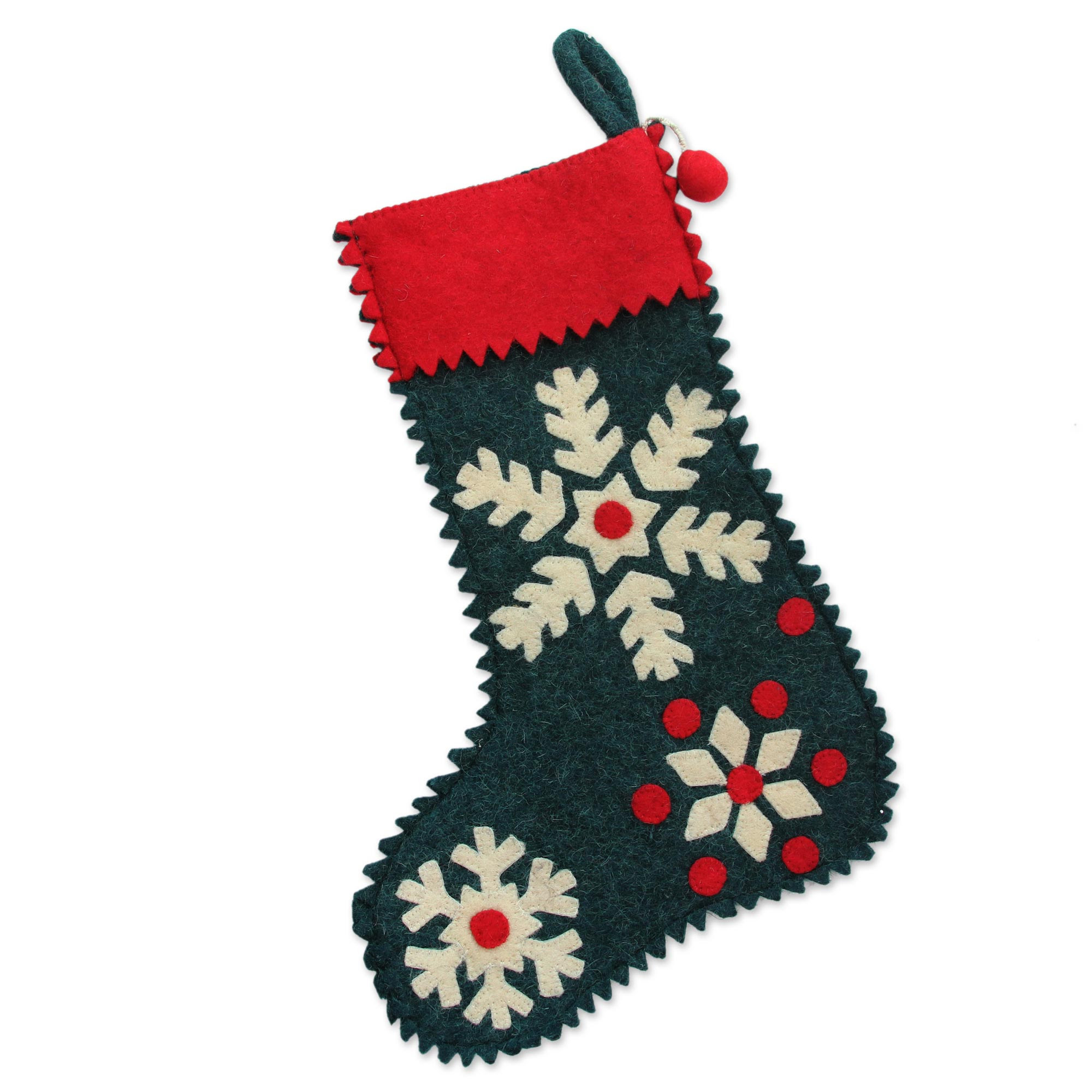 Snowflake Cheer in Green Wool Felt Christmas Stocking technical drawing