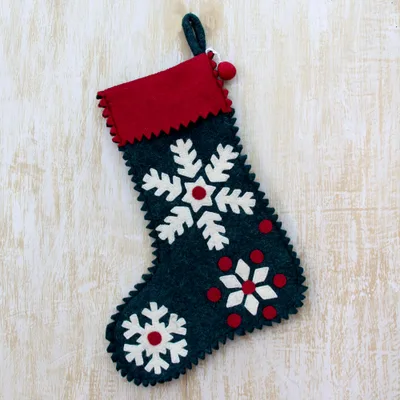 Snowflake Cheer in Green Wool Felt Christmas Stocking