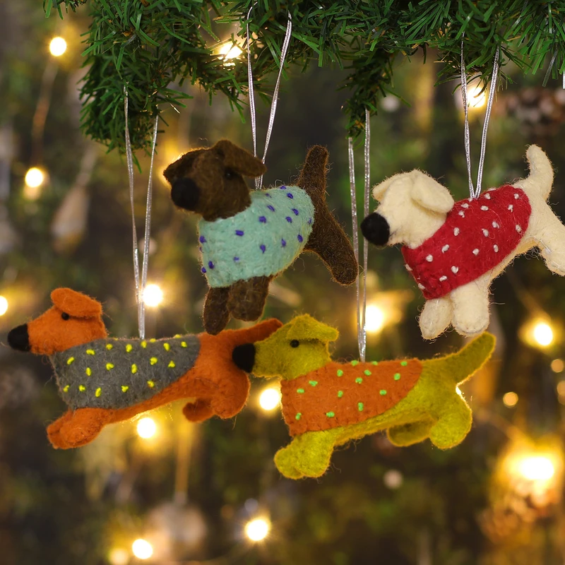 Festive Puppies Wool Felt Christmas Ornament (Set of 4) technical drawing