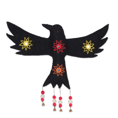 Spooky Wings Handmade Raven-Themed Black Wool Felt Wall Accent with Bells handcrafted product