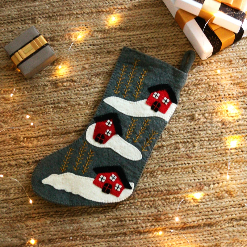 Homey Season in Grey Wool Felt Christmas Stocking technical drawing