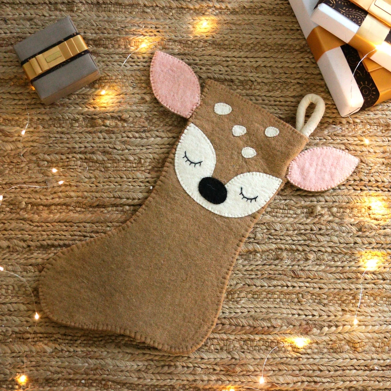 Sleeping Reindeer Wool Felt Christmas Stocking technical drawing