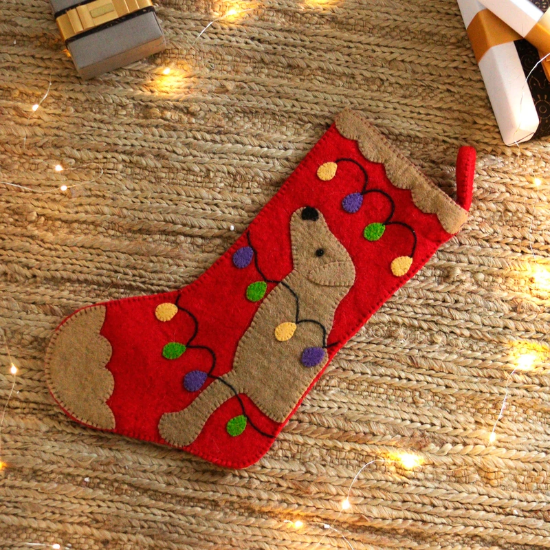 Cheerful Dog Wool Felt Christmas Stocking technical drawing