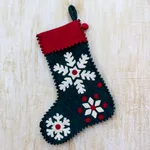 Snowflake Cheer in Green Wool Felt Christmas Stocking