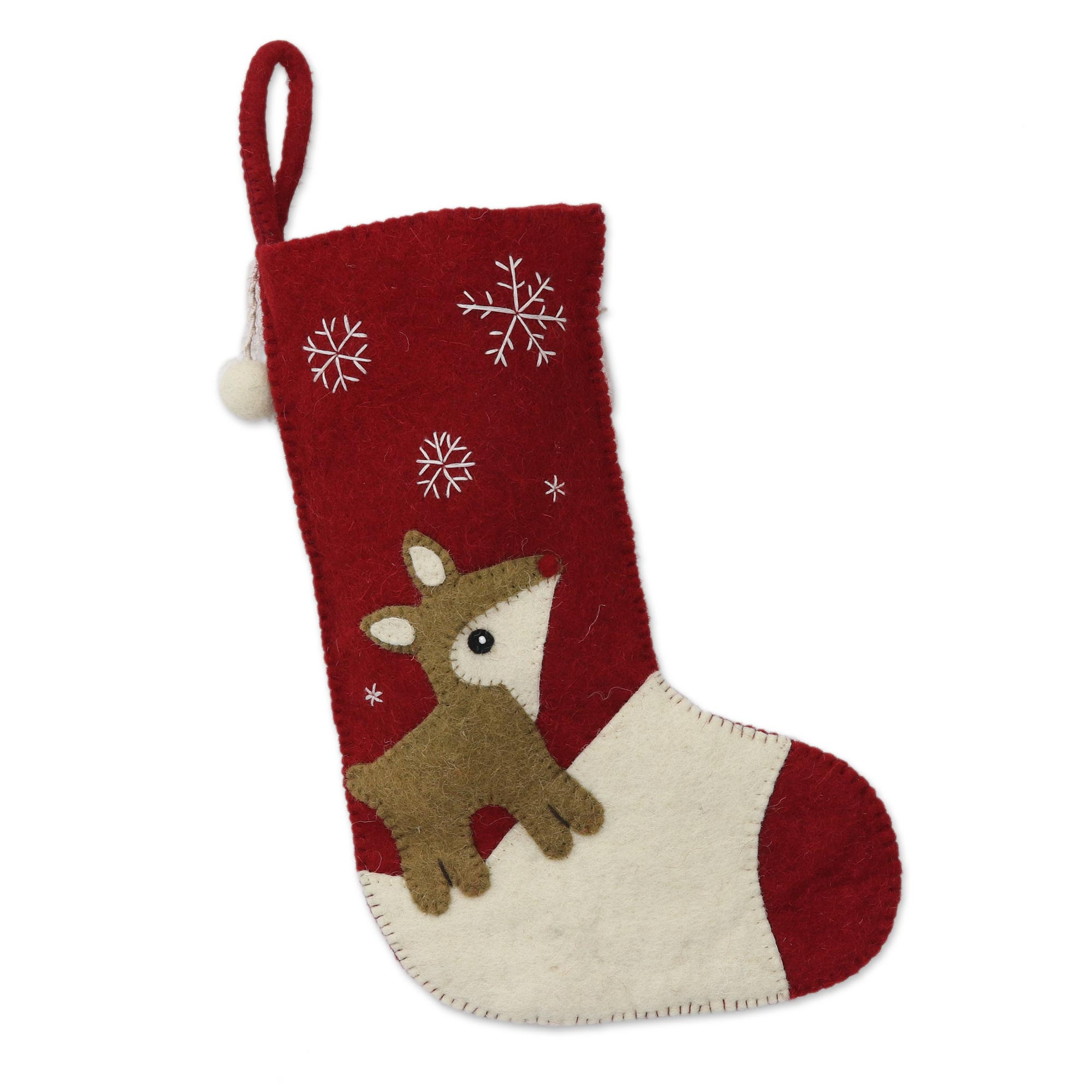 Snowy Eve Reindeer Wool Felt Christmas Stocking technical drawing