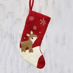 Snowy Eve Reindeer in Red Wool Felt Christmas Stocking