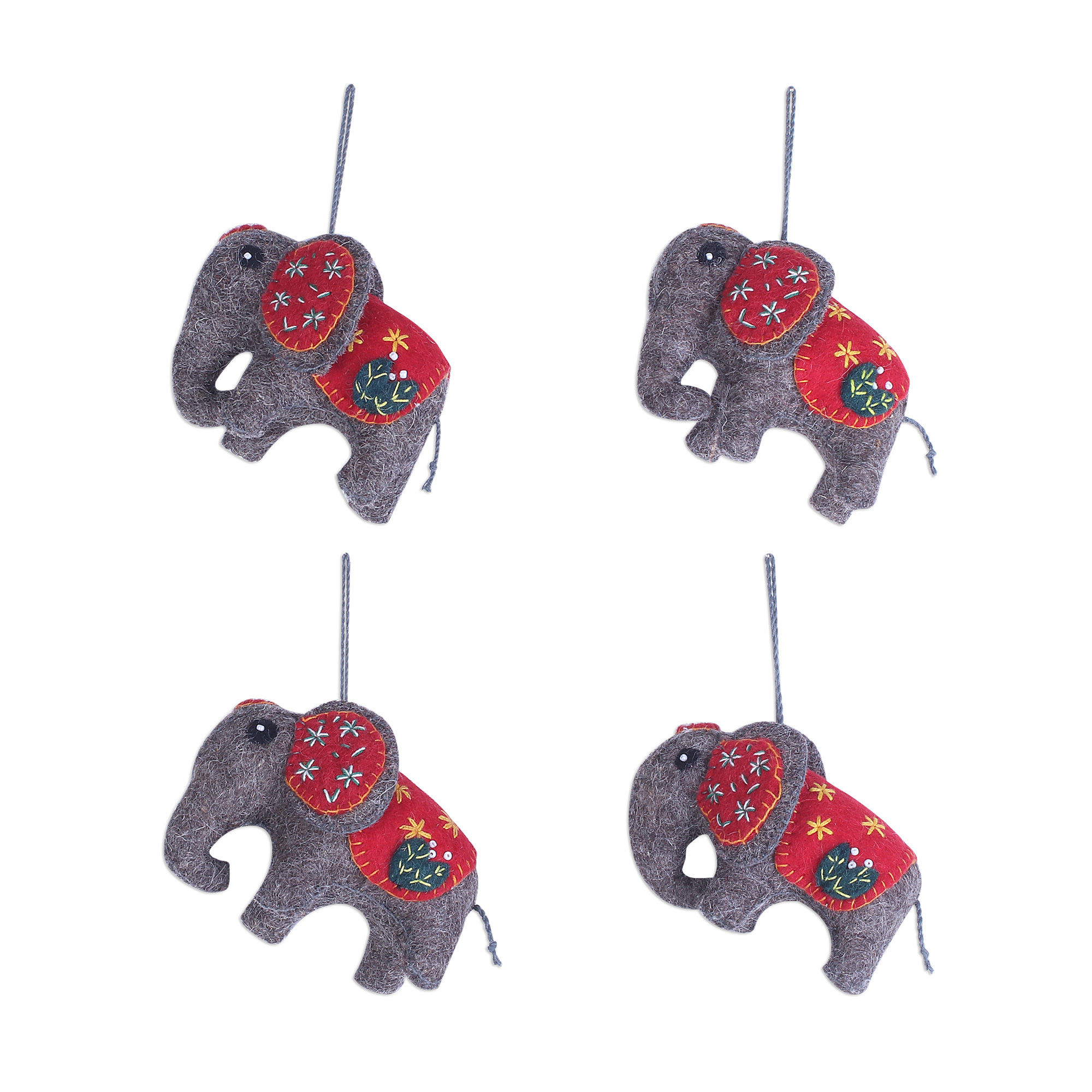 Elephant Saga Wool Felt Christmas Ornament (Set of 4) technical drawing