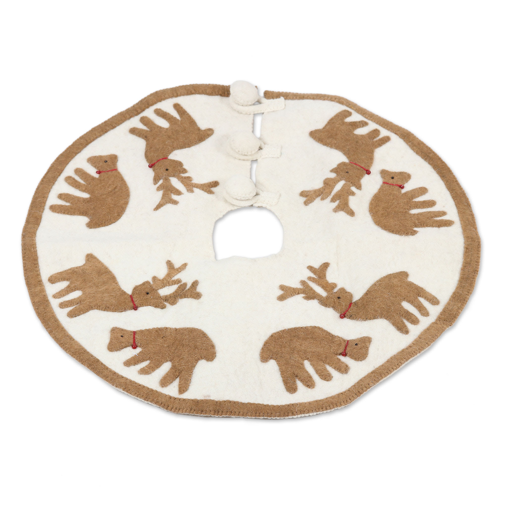 Reindeer Carnival in Brown Wool Felt Christmas Tree Skirt