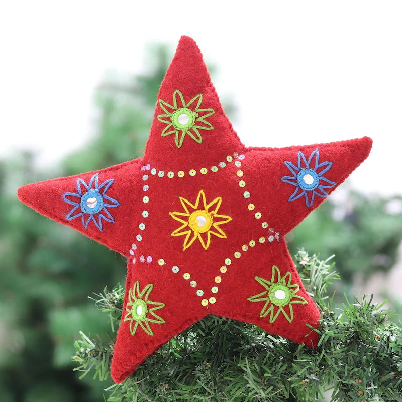  HandoriGins  Handmade Light The Way Embroidered Wool Tree Topper - Red technical drawing