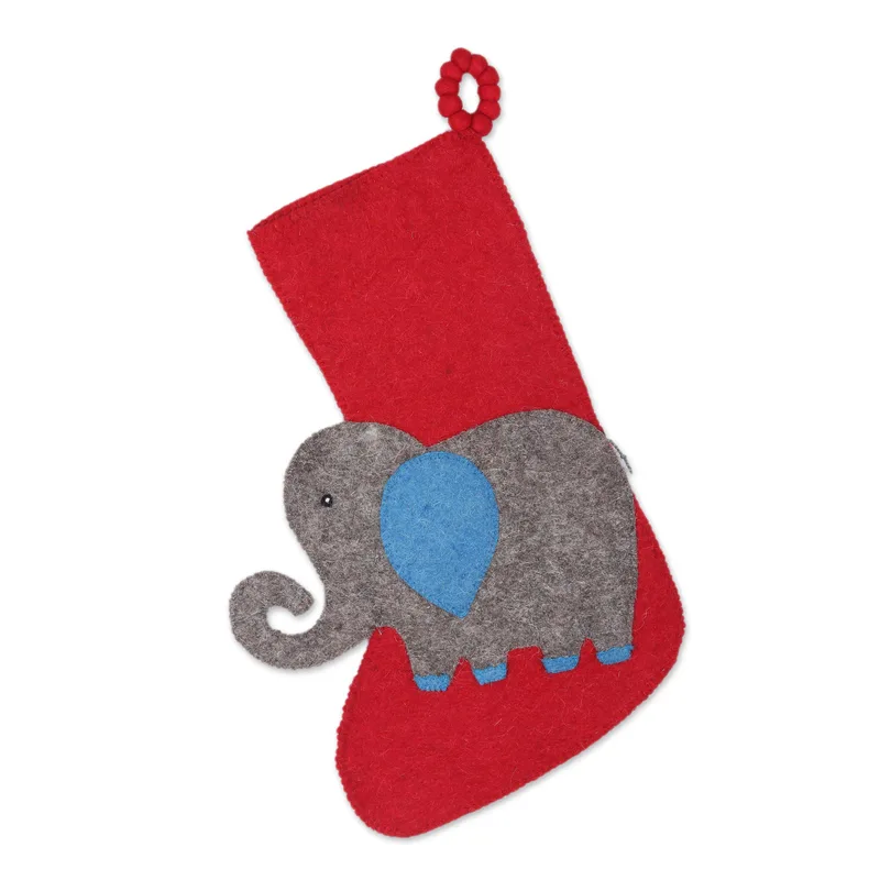 Elephant in Grey and Red Wool Felt Christmas Stocking technical drawing