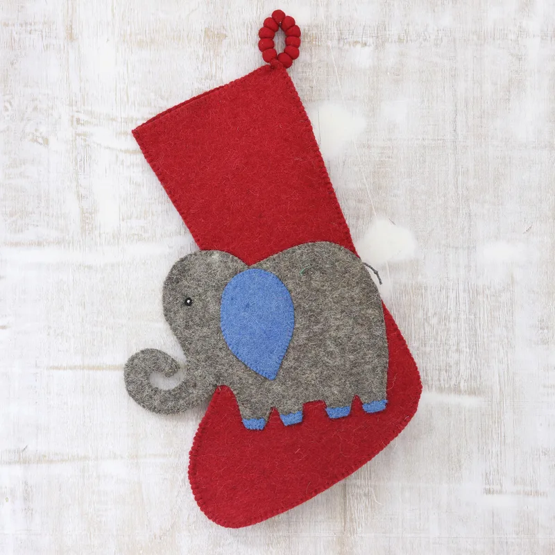 Elephant in Grey and Red Wool Felt Christmas Stocking