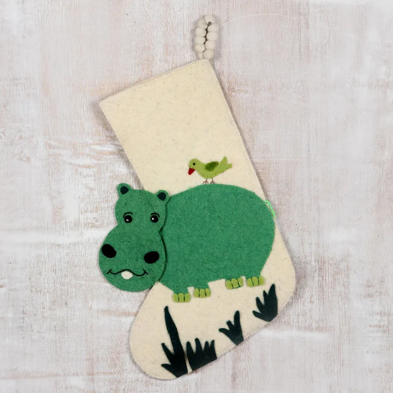 Happy Hippo Wool Felt Christmas Stocking technical drawing