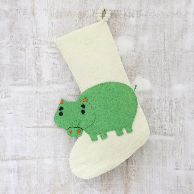 Holiday Hippo Wool Felt Christmas Stocking