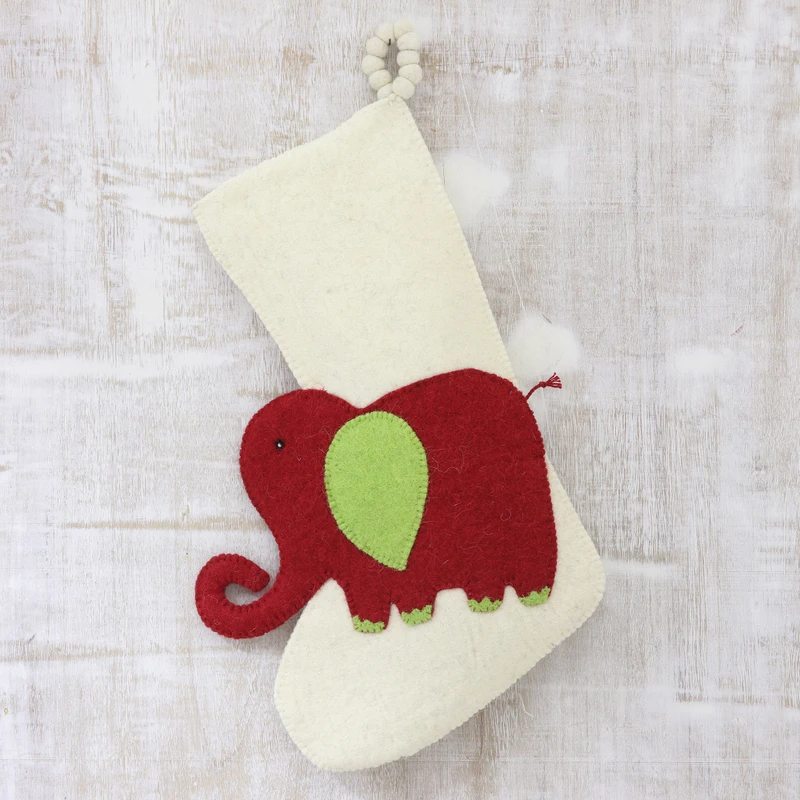 Elephant in Red, Green and Ivory Wool Felt Christmas Stocking technical drawing
