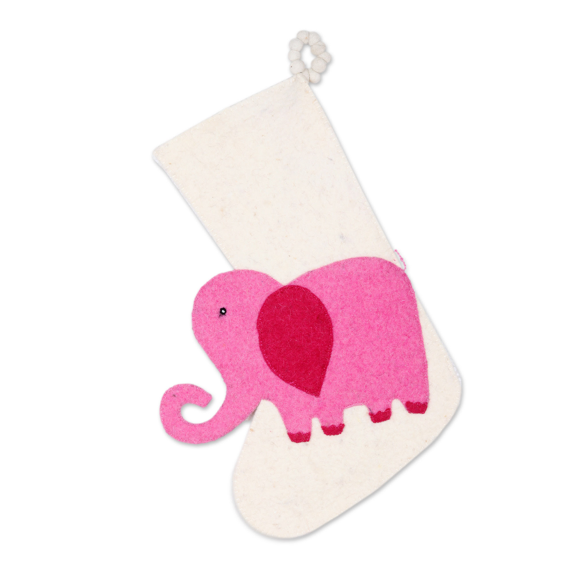 Elephant in Ivory and Pink Wool Felt Christmas Stocking technical drawing