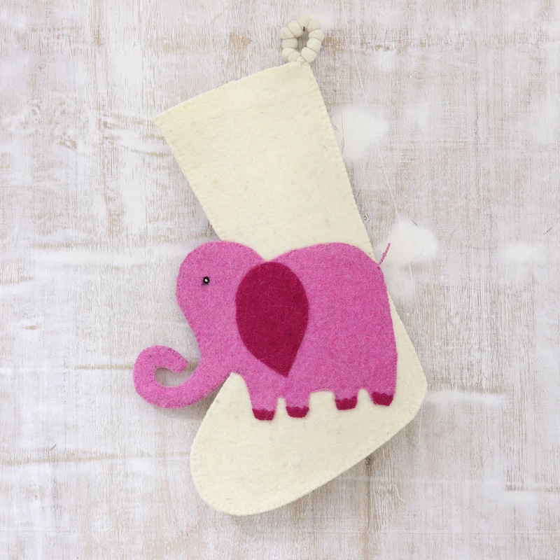 Elephant in Ivory and Pink Wool Felt Christmas Stocking