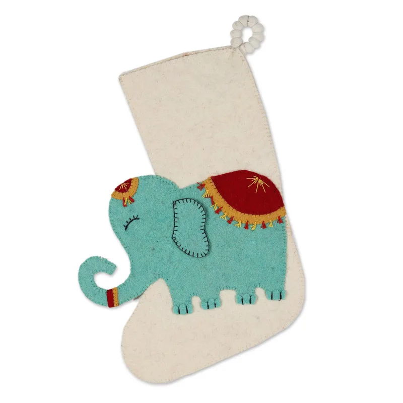 Festive Elephant in Ivory Wool Felt Christmas Stocking technical drawing