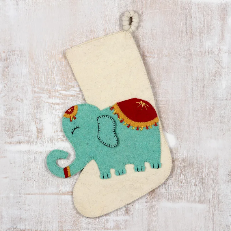 Festive Elephant in Ivory Wool Felt Christmas Stocking