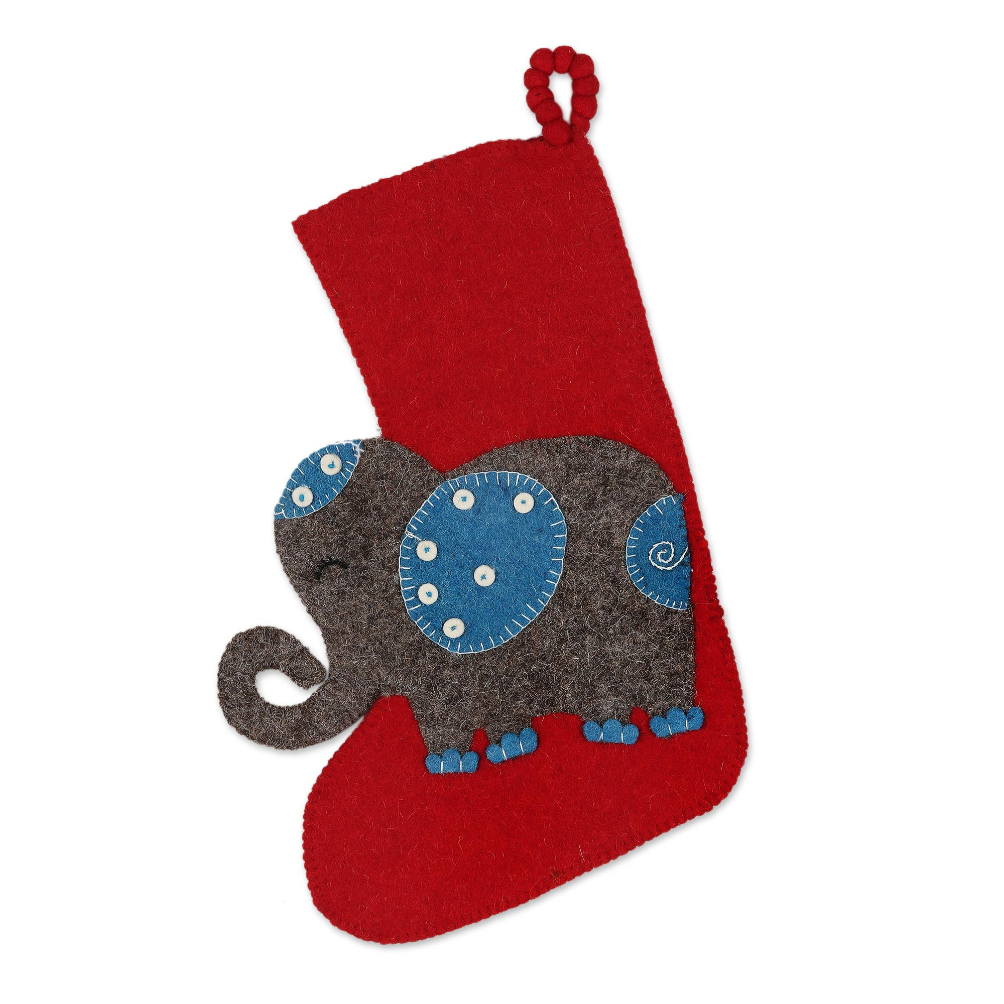 Festive Elephant in Red Wool Felt Christmas Stocking
