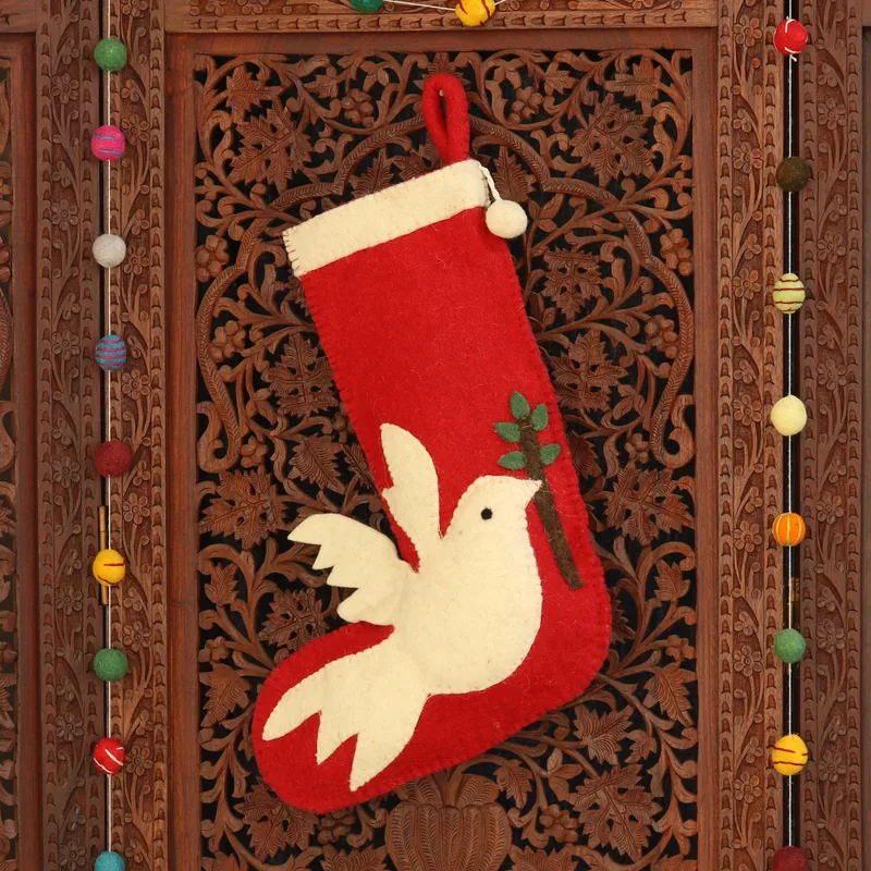 Peace Dove in Red Wool Felt Christmas Stocking technical drawing
