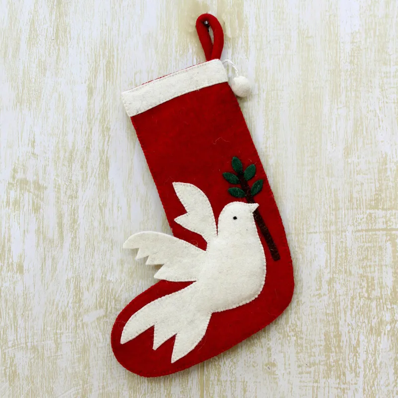 Peace Dove in Red Wool Felt Christmas Stocking