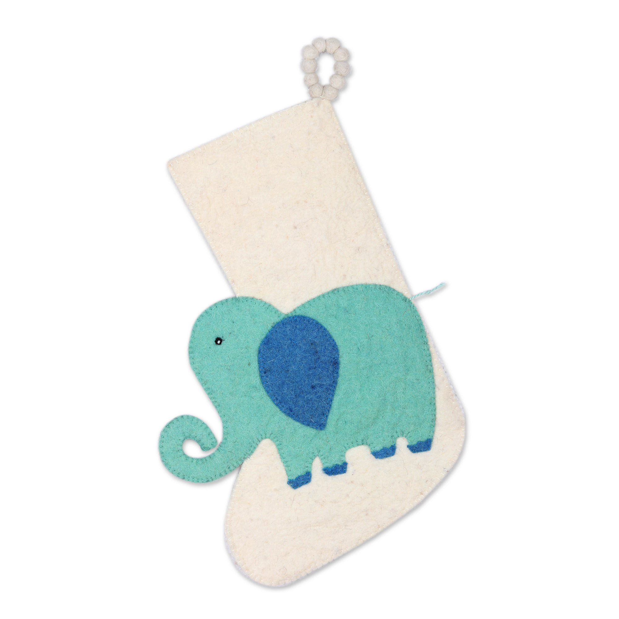 Elephant in Aqua and Ivory Wool Felt Christmas Stocking