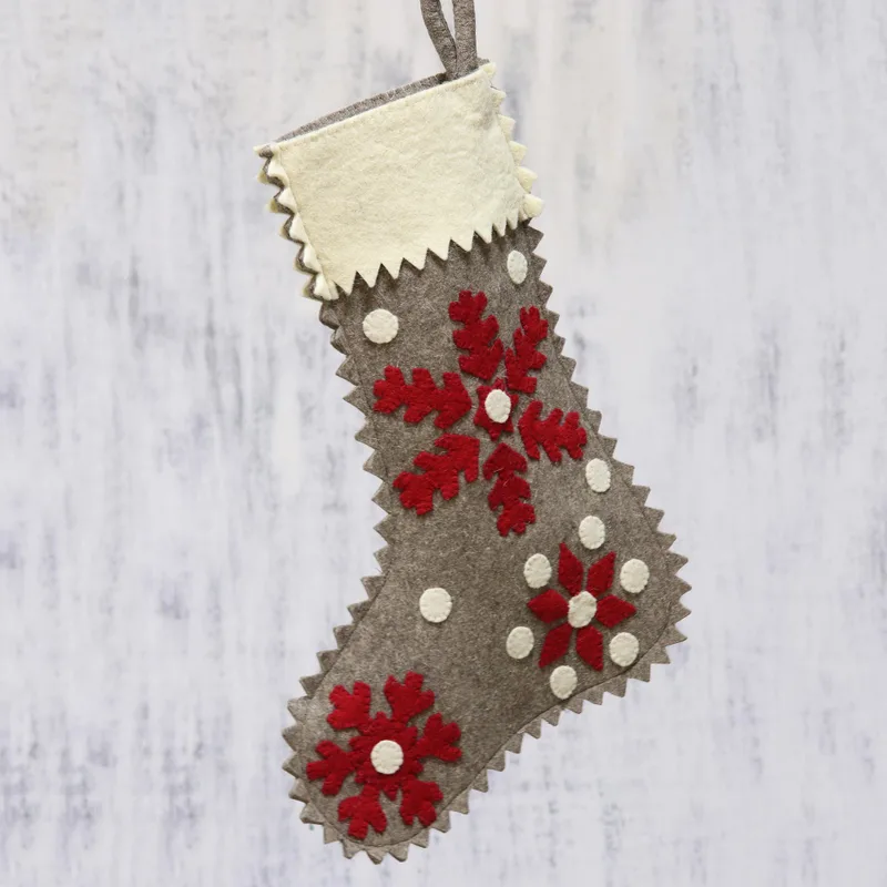 Christmas Snowfall Handcrafted Snow Motif Wool Stocking from India By Rajesh Gehlot   technical drawing