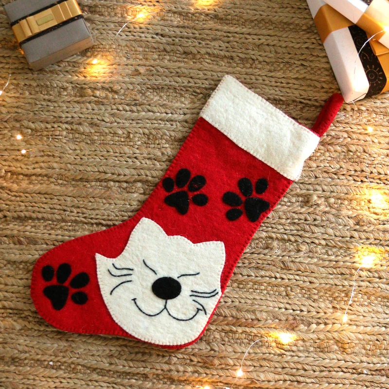 Feline Eve in Red and White Wool Felt Christmas Stocking technical drawing
