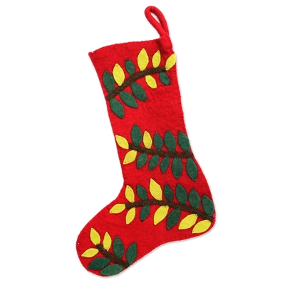 Jungle Christmas Leafy Vine in Red Wool Felt Christmas Stocking