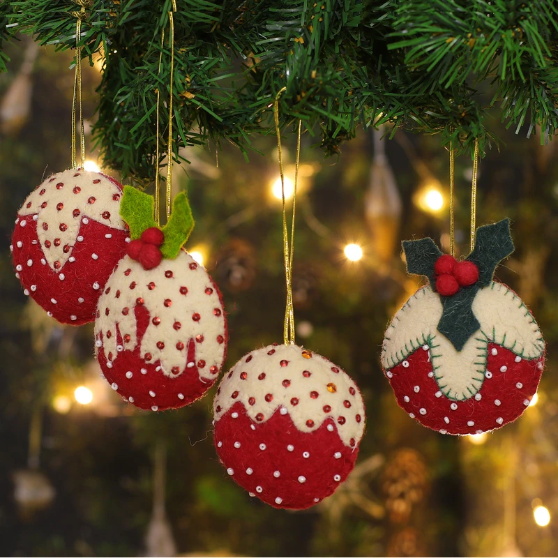 Strawberries in Red and White Wool Felt Christmas Ornament (Set of 4) technical drawing