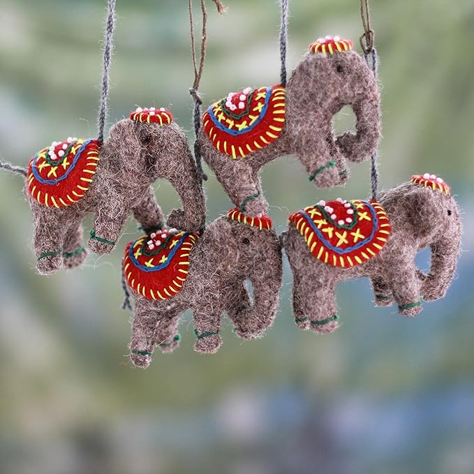 Cute Elephants in Red Wool Felt Christmas Ornament (Set of 4) technical drawing