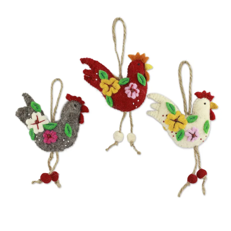 Roosters Greeting Wool Felt Christmas Ornament (Set of 3)