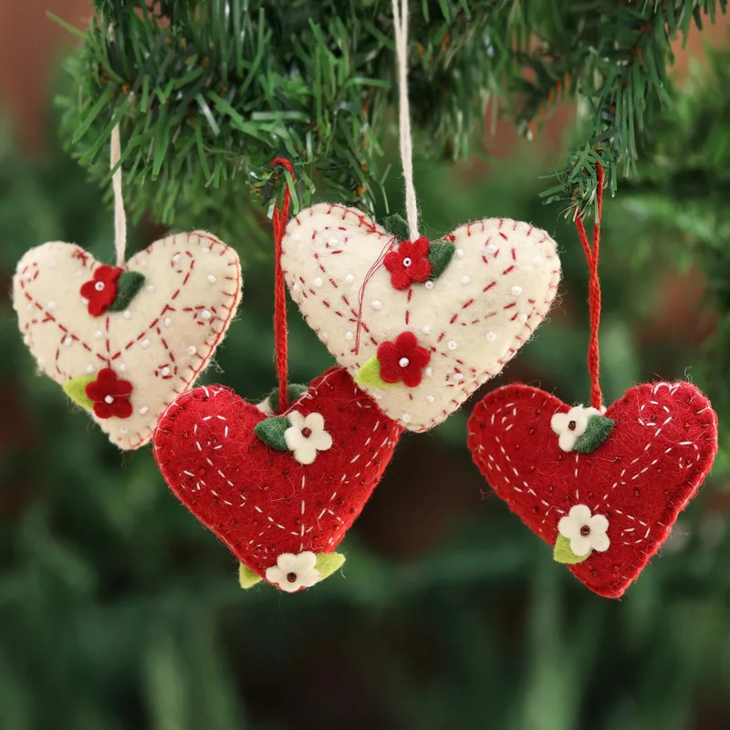 ColorJoy Hearts in Red and Ivory Wool Felt Christmas Ornament (Set of 4)