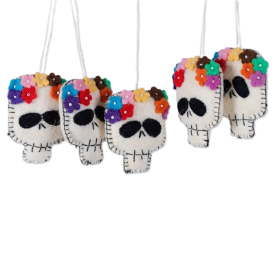 Halloween Life & Death Set of 5 Skull and Flower-Themed Wool Felt Ornaments handcrafted product