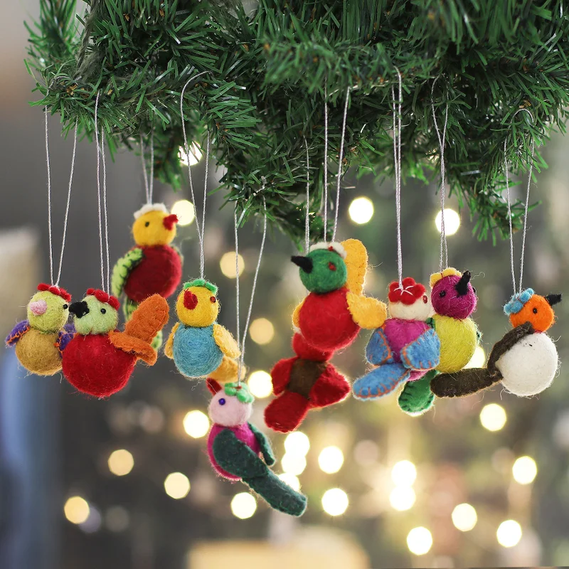 Singing Sparrow Wool Felt Christmas Ornament (Set of 10)