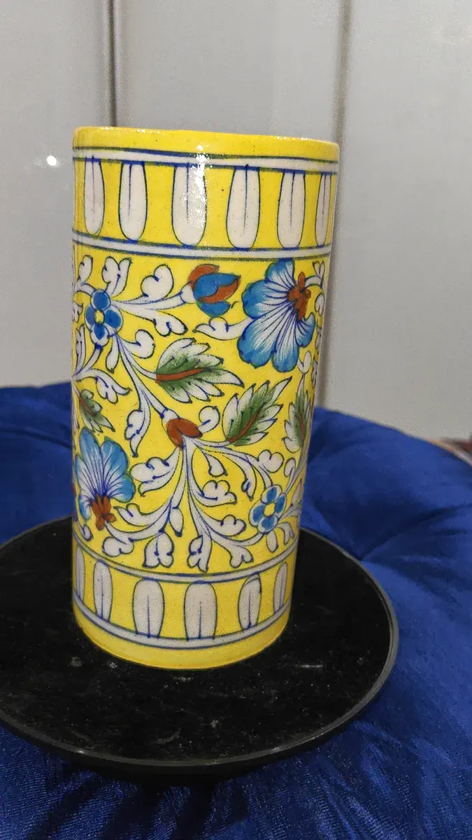 Yellow Flower vase with hand painted vines in Jaipur Blue pottery tradition handcrafted product