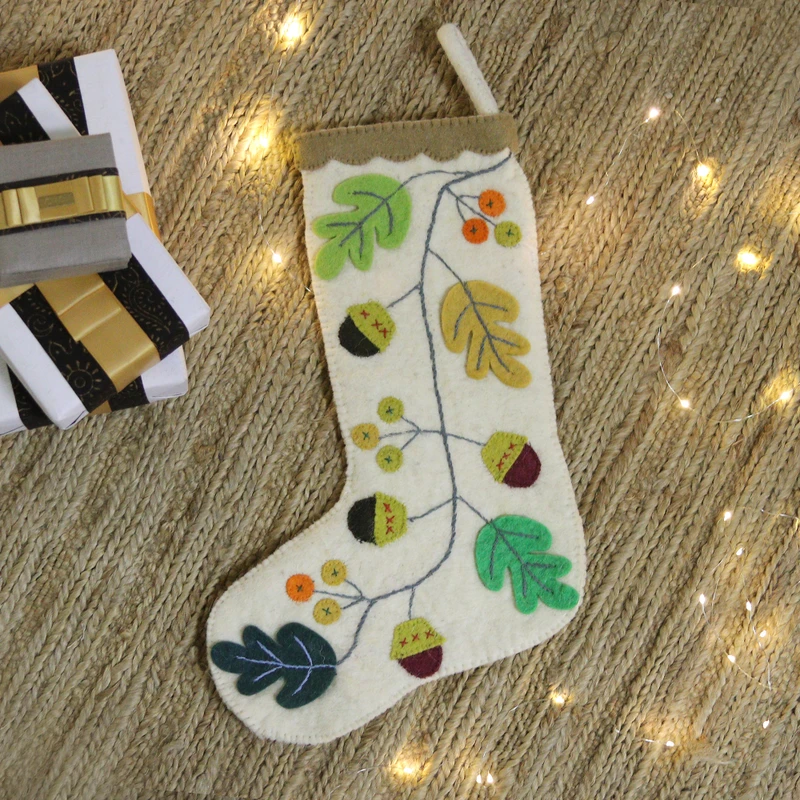 Leaves and Acorns Wool Felt Christmas Stocking technical drawing