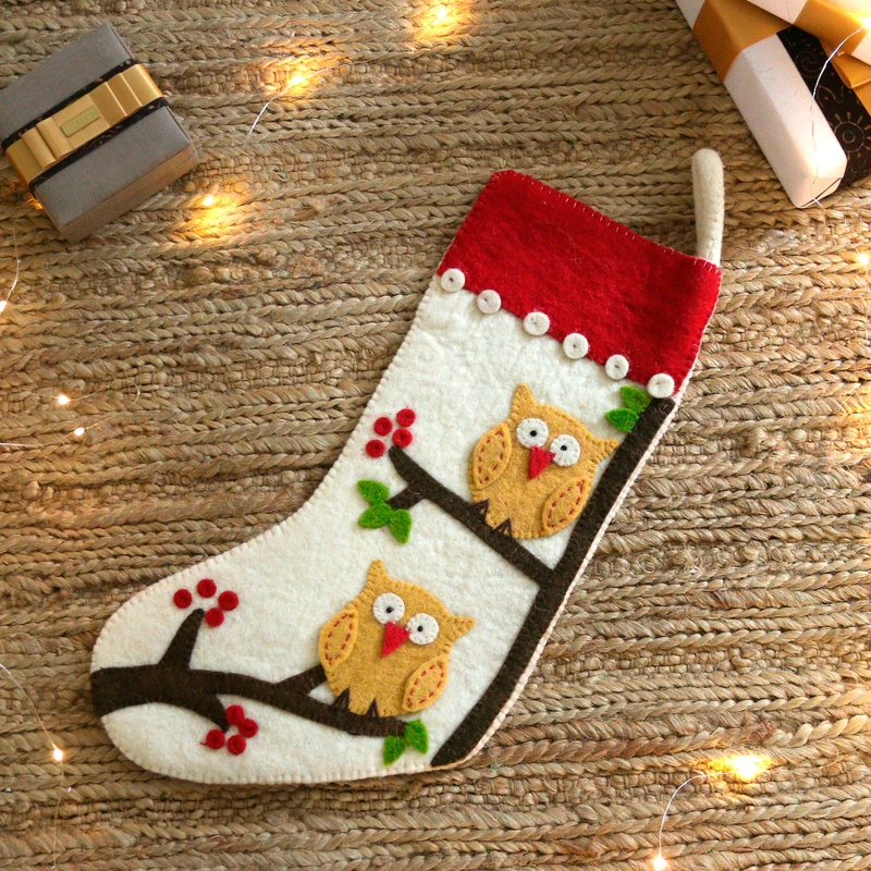 Holiday Magic Owl Wool Felt Christmas Stocking
