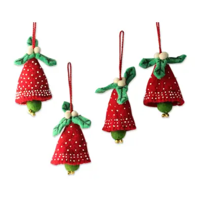 Red and Green Jingle Bells Wool Felt Christmas Ornament (Set of 4)